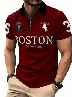 Men's 3D Digital Print Zip-Up Polo Shirt